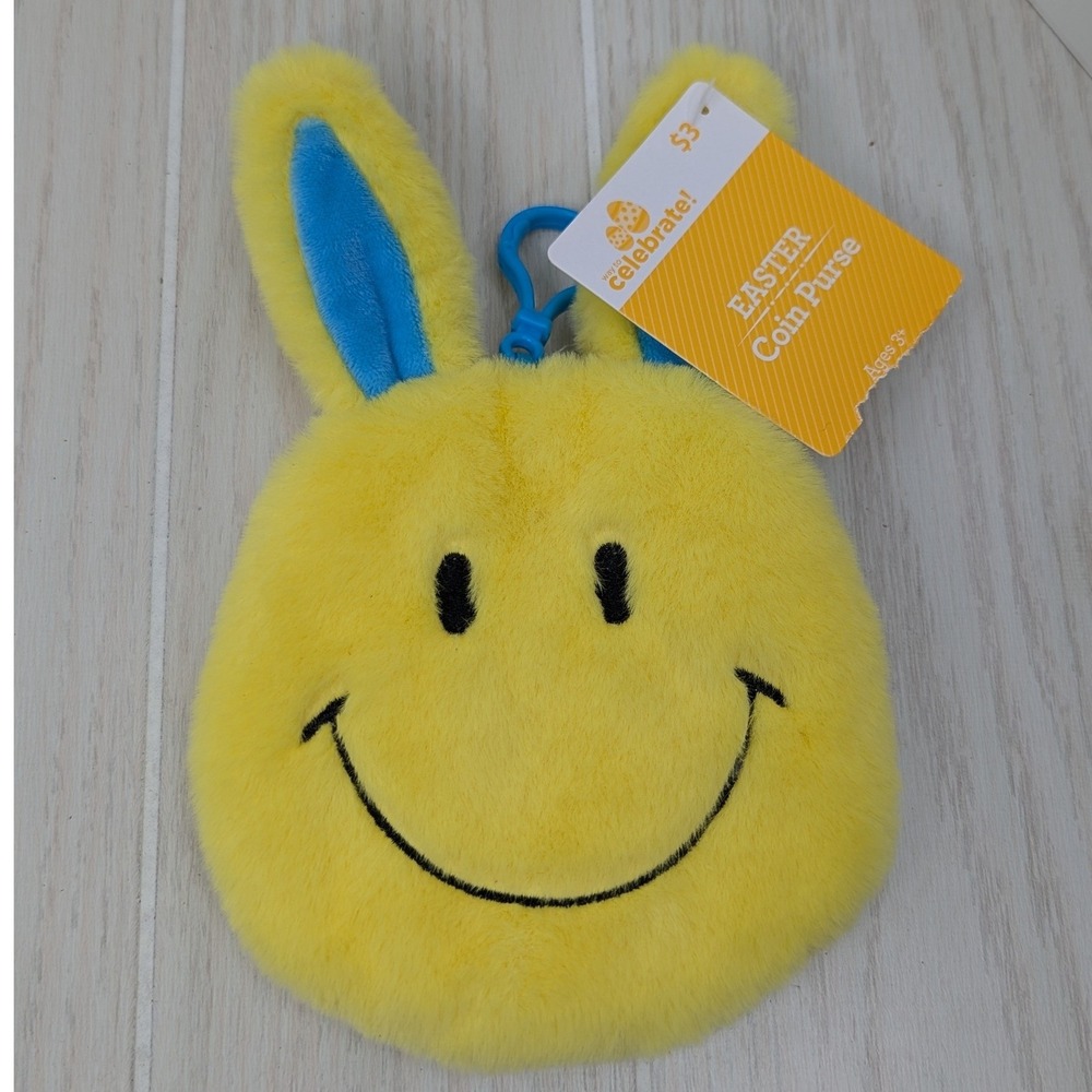 Way To Celebrate Coin Purse Yellow Smiley Face Bunny Ears Plush Backpack Clip